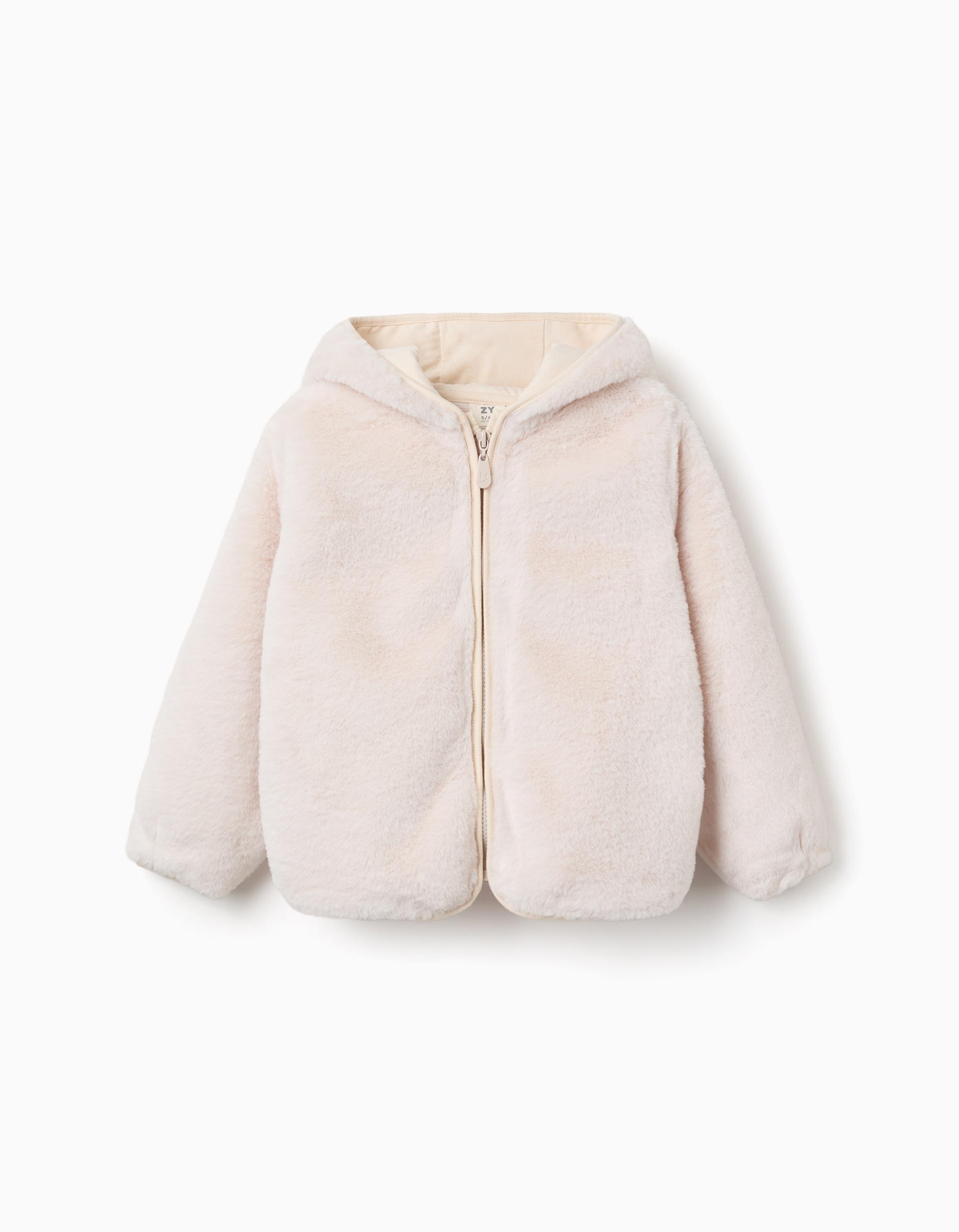 Abrigo niña zippy borreguito peluche camel claro beige capucha cremallera frontal mangas largas bajo elástico forro interior liso