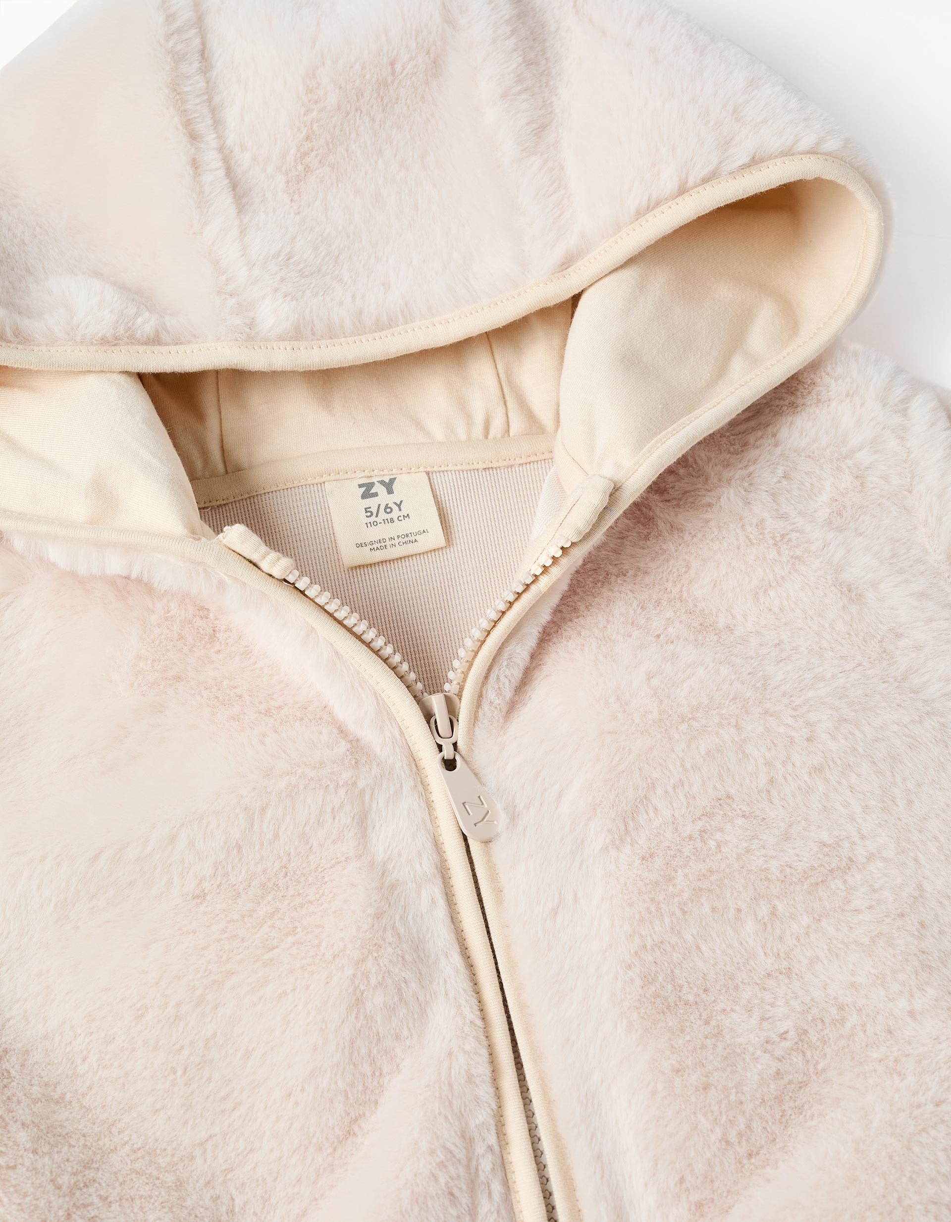 Abrigo niña zippy borreguito peluche camel claro beige capucha cremallera frontal mangas largas bajo elástico forro interior liso