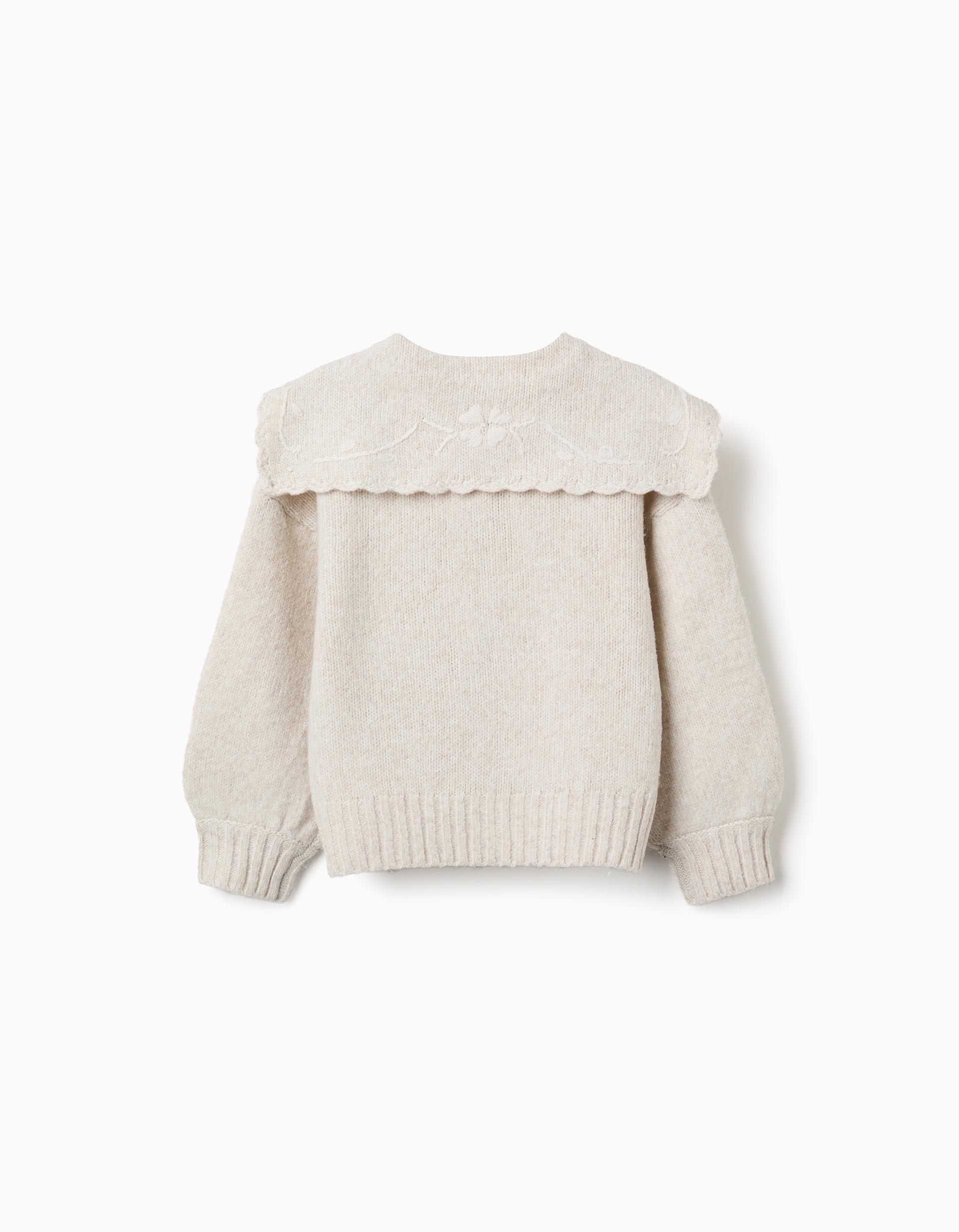 Rebeca niña Zippy Collection punto beige claro crema cuello babero volantes bordados florales hojas botones frontales mangas largas abullonadas puños acanalados bajo acanalado