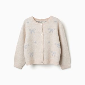 Chaqueta niña Zippy punto beige claro crema estampado lacitos puntos brillantes plateados cuello redondo acanalado botones frontales mangas largas puños acanalados bajo acanalad