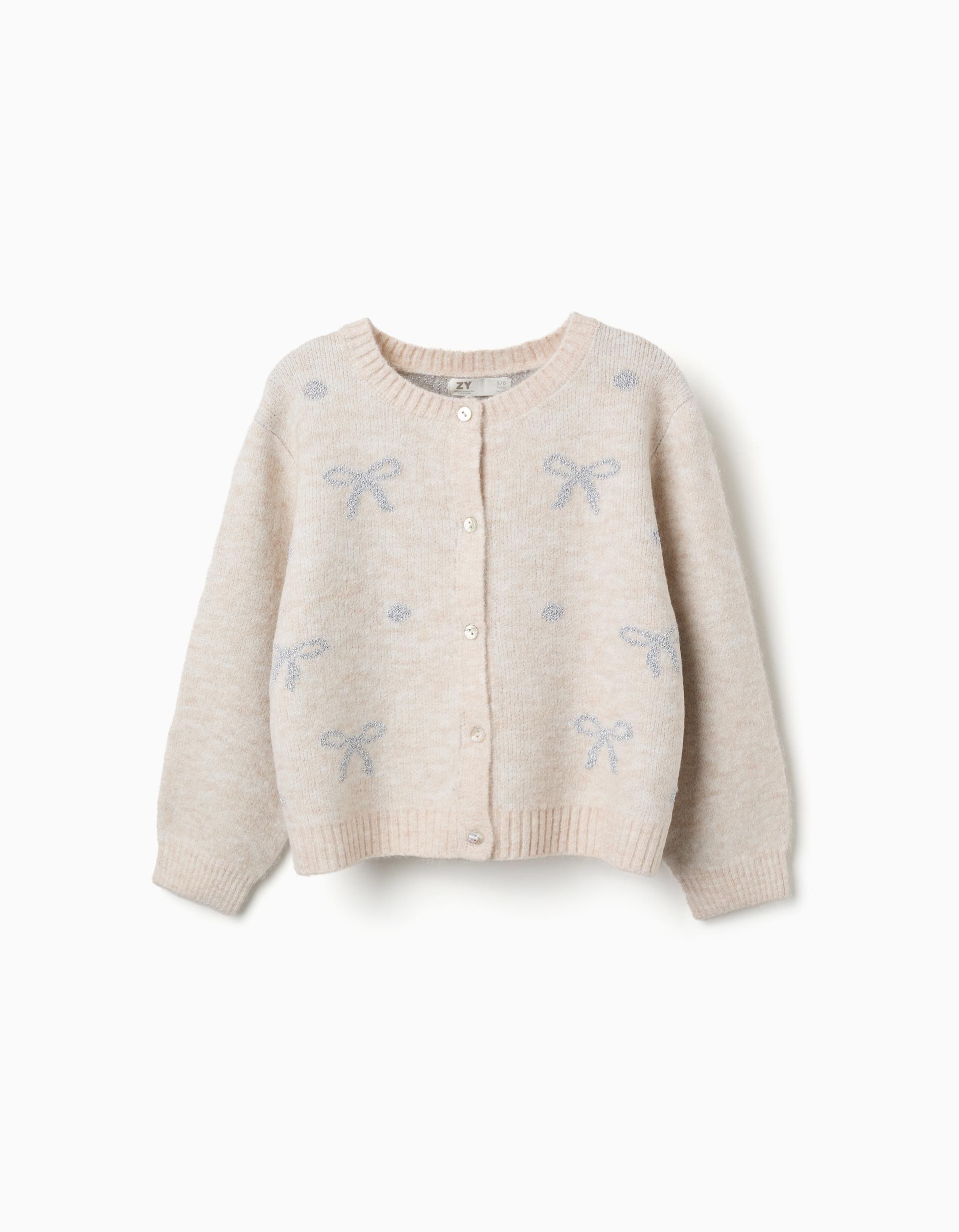Chaqueta niña Zippy punto beige claro crema estampado lacitos puntos brillantes plateados cuello redondo acanalado botones frontales mangas largas puños acanalados bajo acanalad