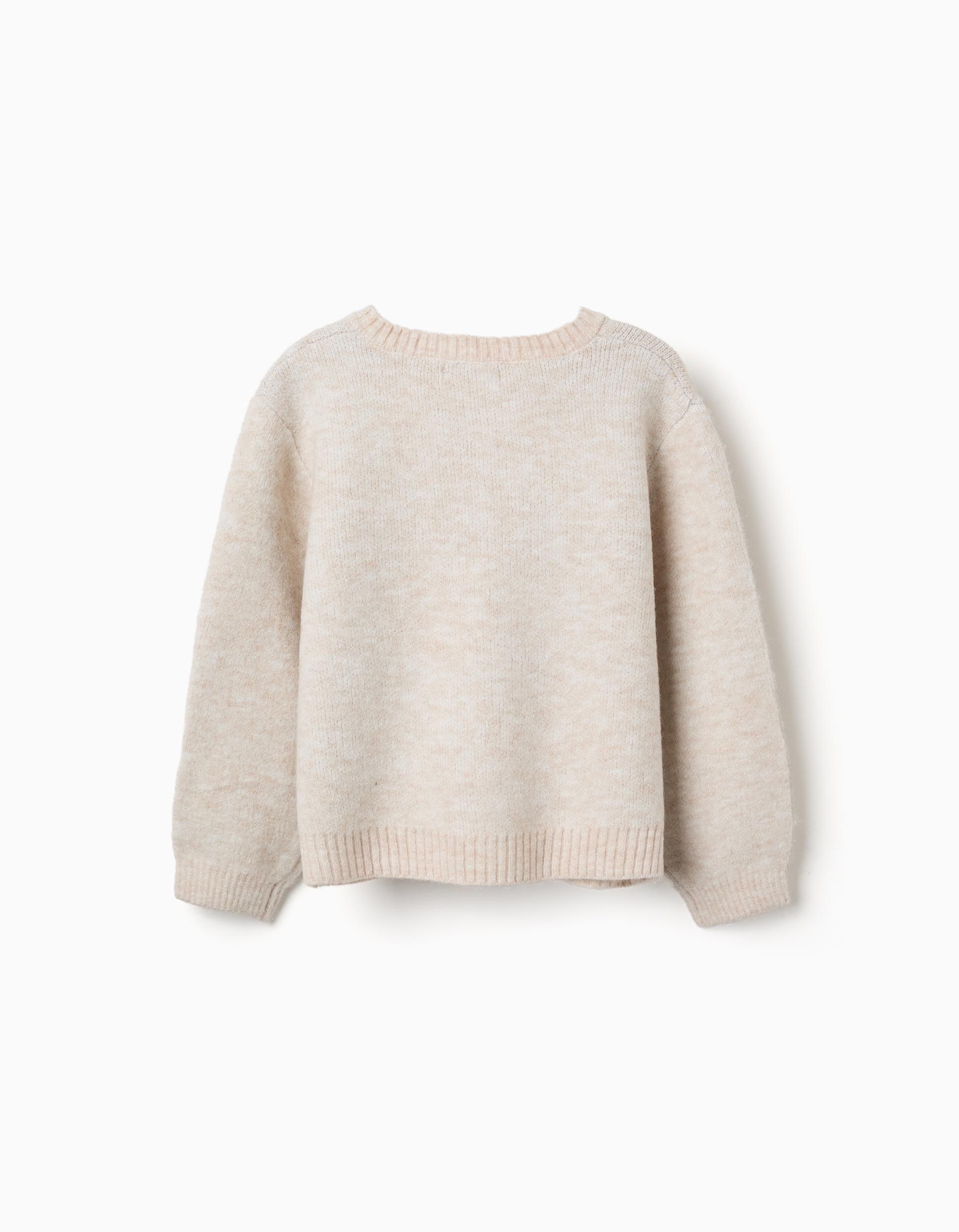 Rebeca niña ZY punto beige claro crema estampado lacitos puntos brillantes plateados cuello redondo acanalado botones frontales mangas largas puños acanalados bajo acanalad