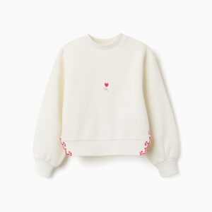 Sudadera niña blanco roto crema cuello redondo bordado flor roja pétalos rojos bajo festoneado bordado rojo mangas largas abullonadas puños acanalados bajo acanalado