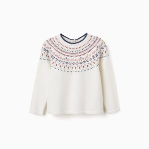 Jersey niña punto blanco roto crudo estampado jacquard grecas motivos florales geométricos rojos rosas verdes azules cuello redondo ribete azul marino abertura espalda botón mangas largas puños bajo acanalados