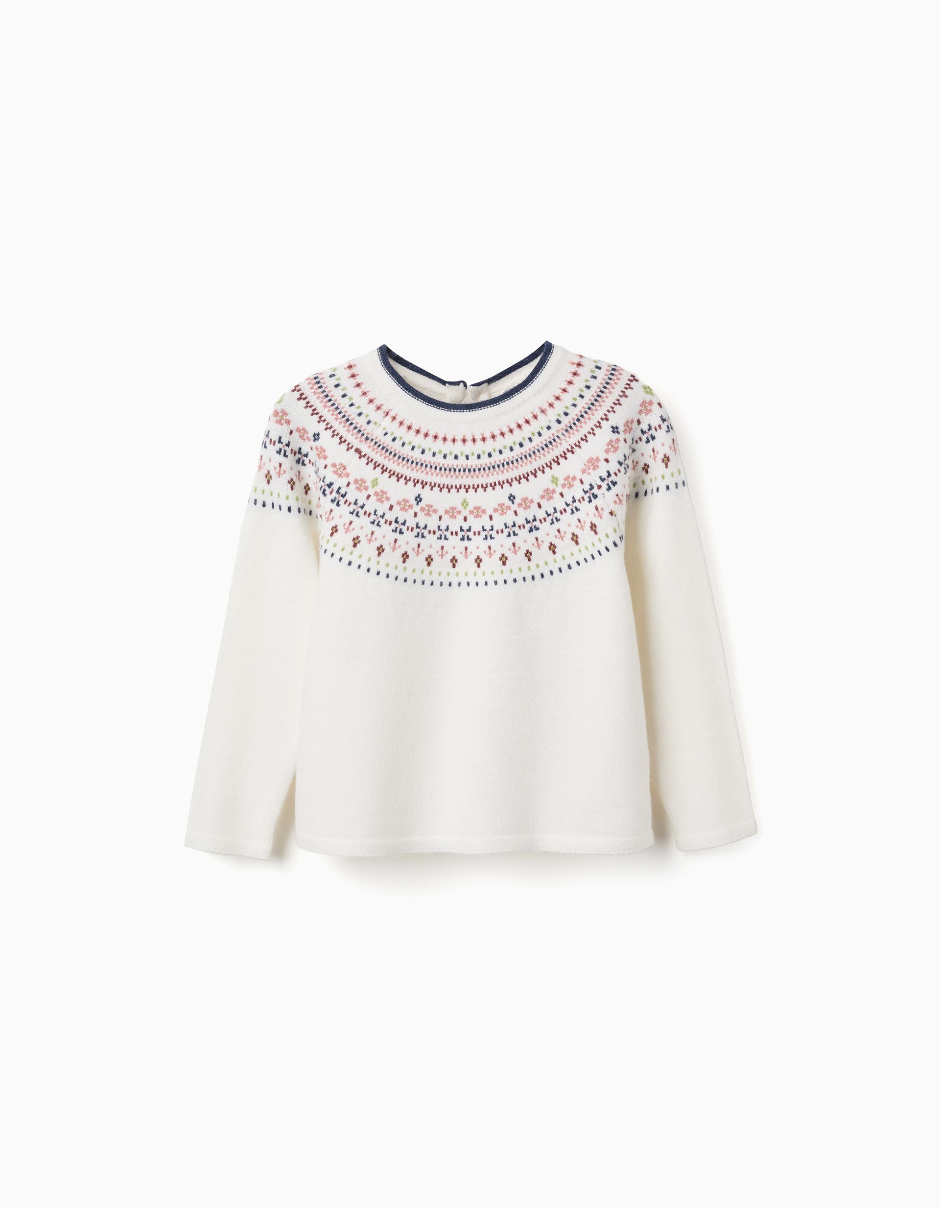 Jersey niña punto blanco roto crudo estampado jacquard grecas motivos florales geométricos rojos rosas verdes azules cuello redondo ribete azul marino abertura espalda botón mangas largas puños bajo acanalados