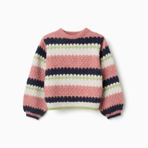 Jersey niña punto rayas color block rosa azul marino blanco verde claro relieve cuello redondo acanalado mangas abullonadas puños acanalados bajo acanalado