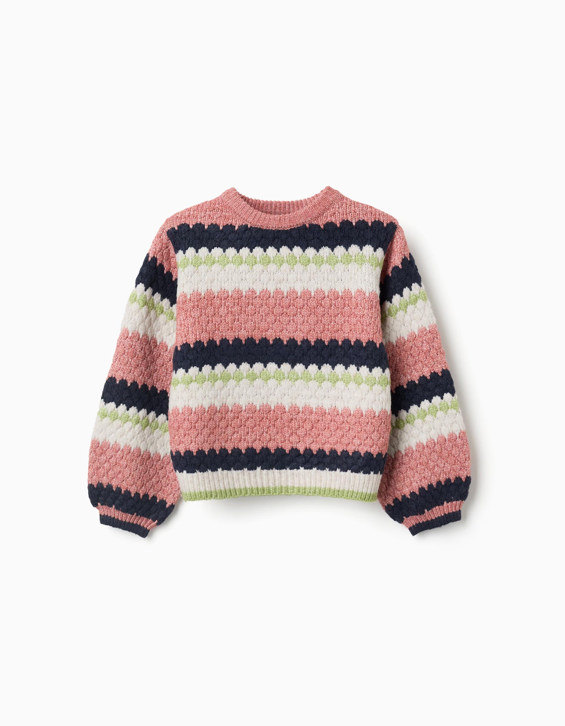 Jersey niña punto rayas color block rosa azul marino blanco verde claro relieve cuello redondo acanalado mangas abullonadas puños acanalados bajo acanalado