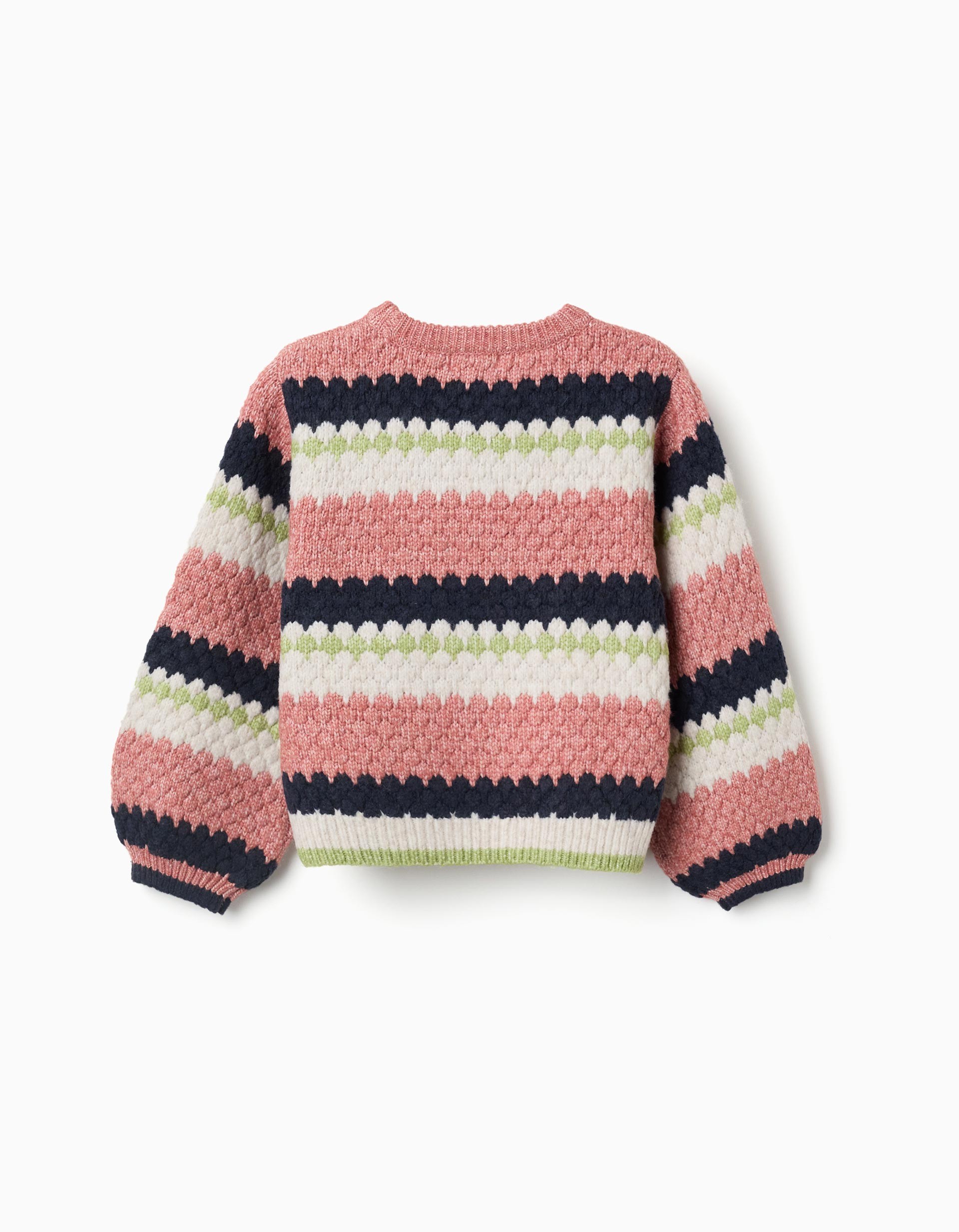 Jersey niña punto rayas color block rosa azul marino blanco verde claro relieve cuello redondo acanalado mangas abullonadas puños acanalados bajo acanalado