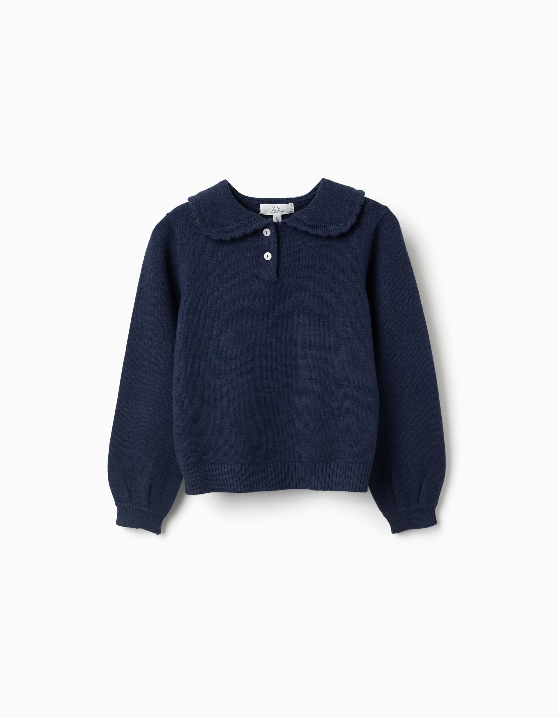 jersey niña punto azul marino cuello grande volantes borde festoneado abertura delantera dos botones blancos nacarados mangas largas abullonadas puños acanalados bajo acanalado marca Zippy