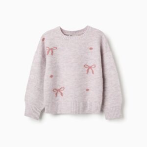 Jersey niña Zippy punto lila claro malva estampado lazos puntos brillantes rosa cuello redondo acanalado mangas largas puños acanalados bajo acanalado