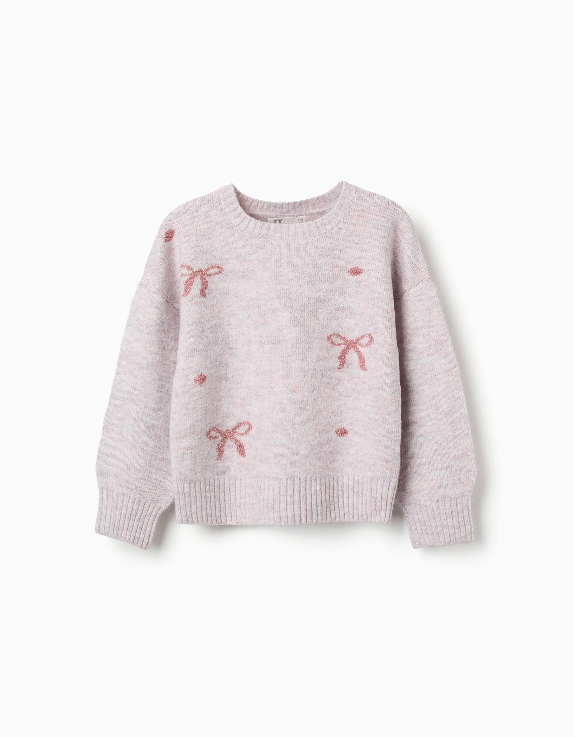 Jersey niña Zippy punto lila claro malva estampado lazos puntos brillantes rosa cuello redondo acanalado mangas largas puños acanalados bajo acanalado