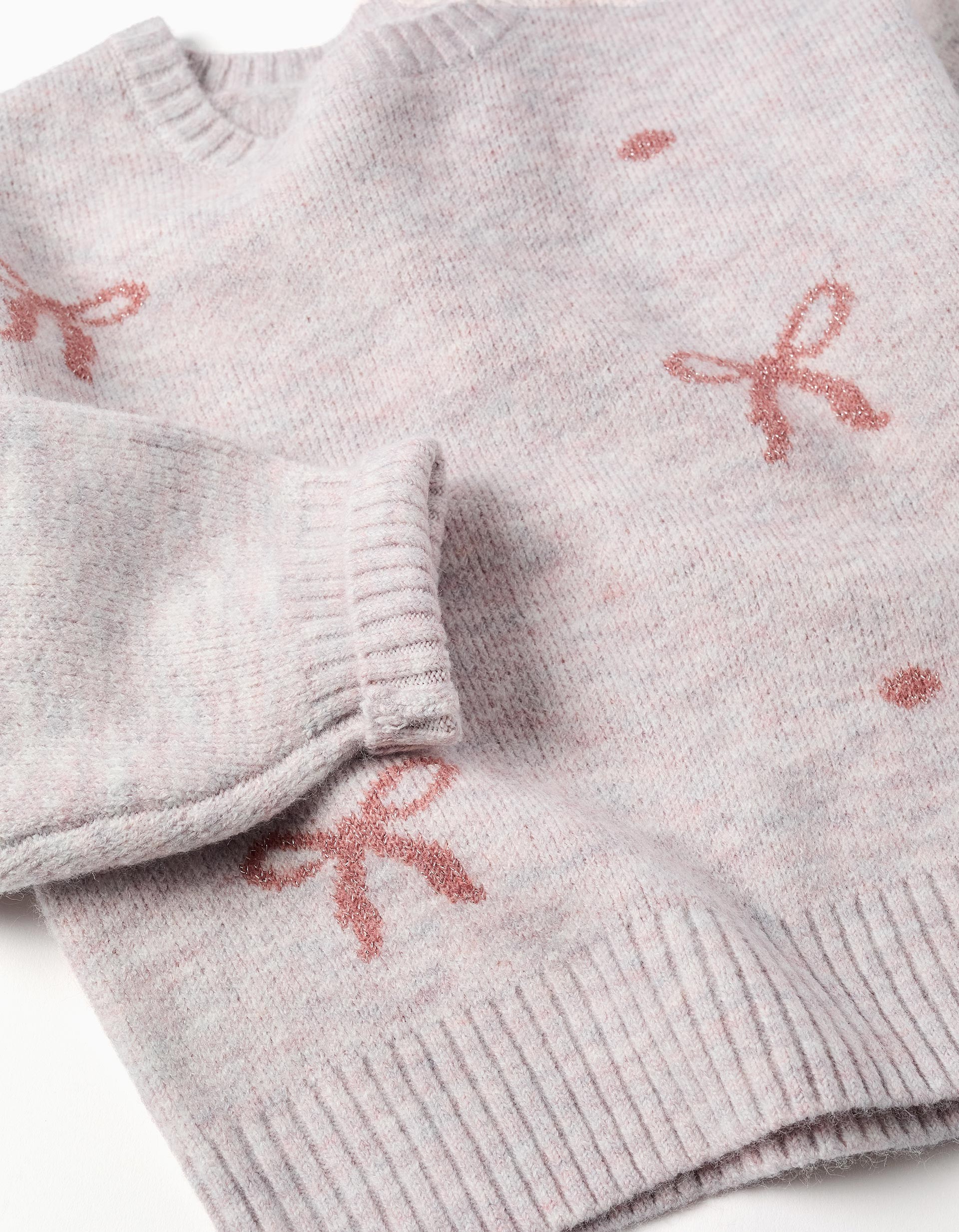 Jersey niña Zippy punto lila claro malva estampado lazos puntos brillantes rosa cuello redondo acanalado mangas largas puños acanalados bajo acanalado