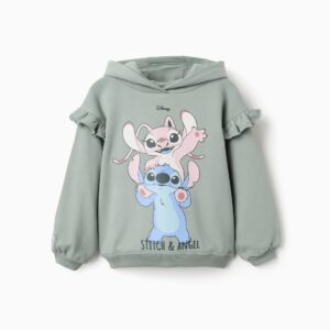 Sudadera niña verde menta con capucha volantes estampado Stitch Angel Disney texto STITCH & ANGEL mangas largas abullonadas puños bajo acanalados etiqueta manga always be close to the ones you love. sudadera stitch. zippy