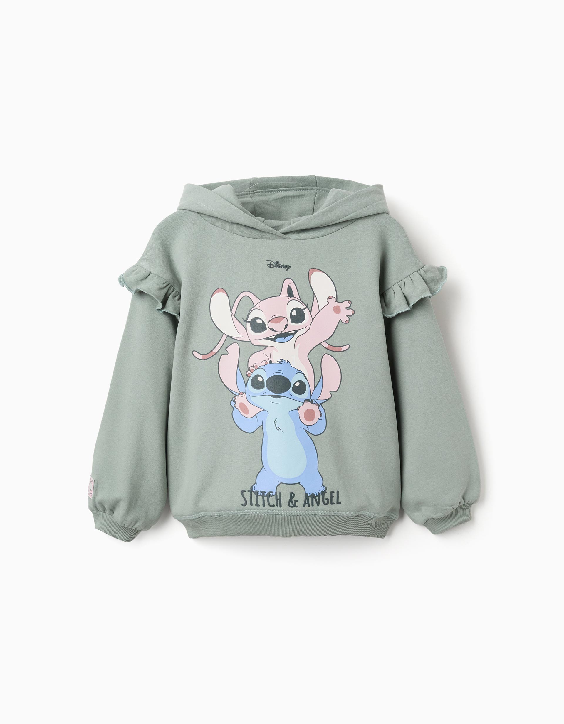Sudadera niña verde menta con capucha volantes estampado Stitch Angel Disney texto STITCH & ANGEL mangas largas abullonadas puños bajo acanalados etiqueta manga always be close to the ones you love. sudadera stitch. zippy