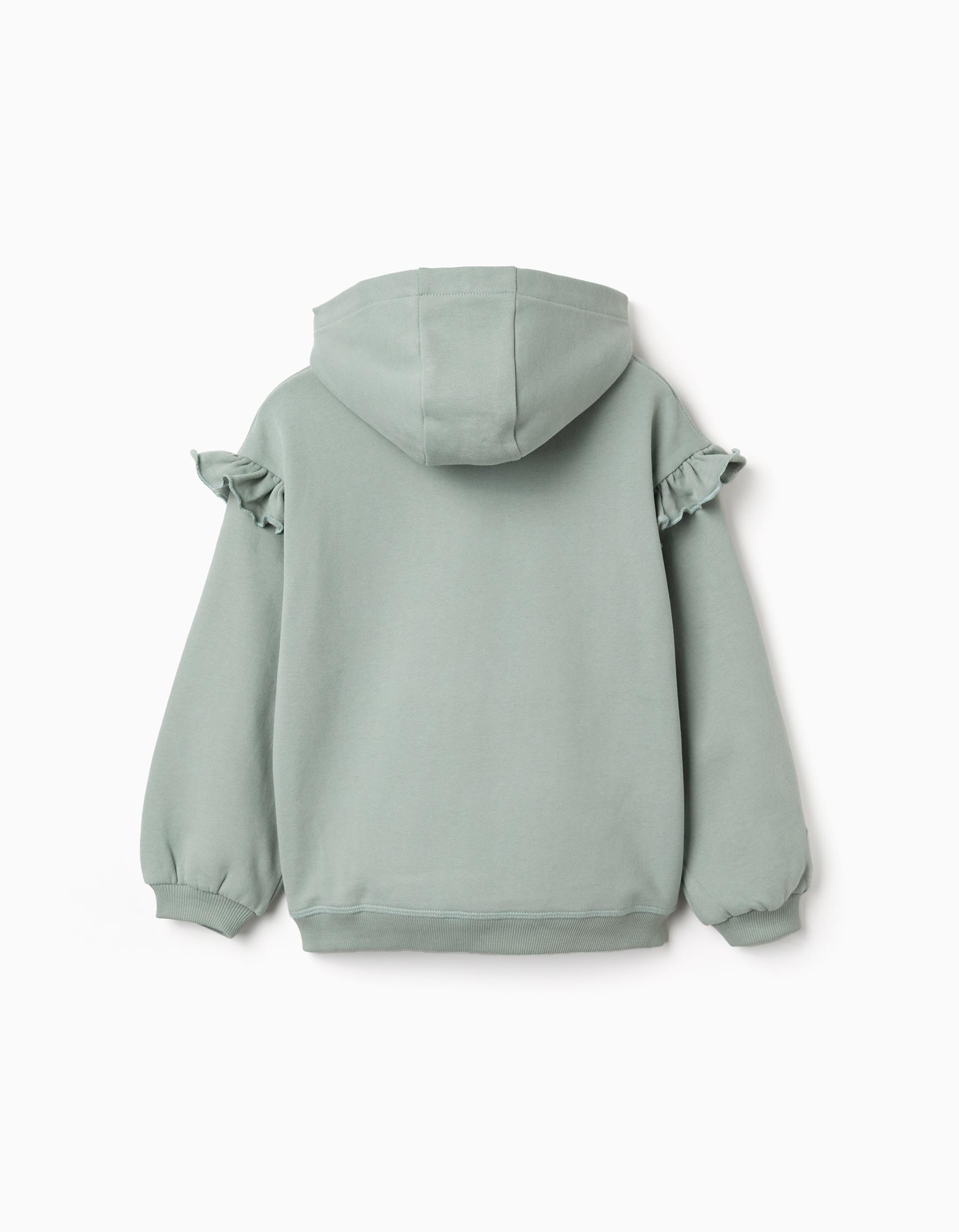 Sudadera niña verde menta con capucha volantes estampado Stitch Angel Disney texto STITCH & ANGEL mangas largas abullonadas puños bajo acanalados etiqueta manga always be close to the ones you love. sudadera stitch. zippy