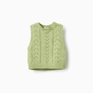 Chaleco niña zippy Collection punto calado verde menta pistacho claro patrón espiga zigzag cuello redondo acanalado sisas acanaladas bajo acanalado