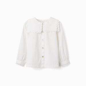 Blusa niña zippy Collection blanco roto crema manga larga cuello babero volantes festoneados botones frontales nácar puños bordado inglés calado