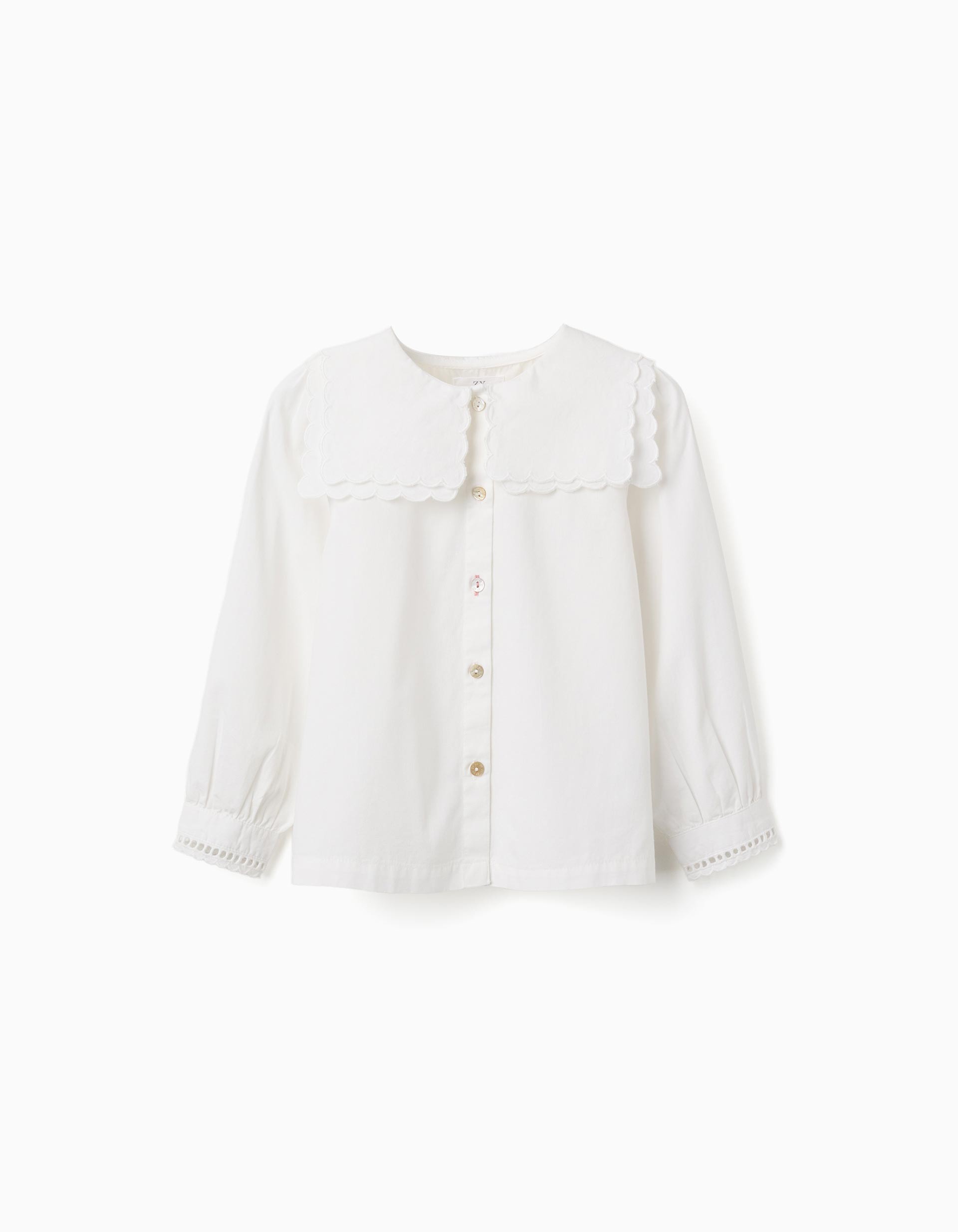 Blusa niña zippy Collection blanco roto crema manga larga cuello babero volantes festoneados botones frontales nácar puños bordado inglés calado