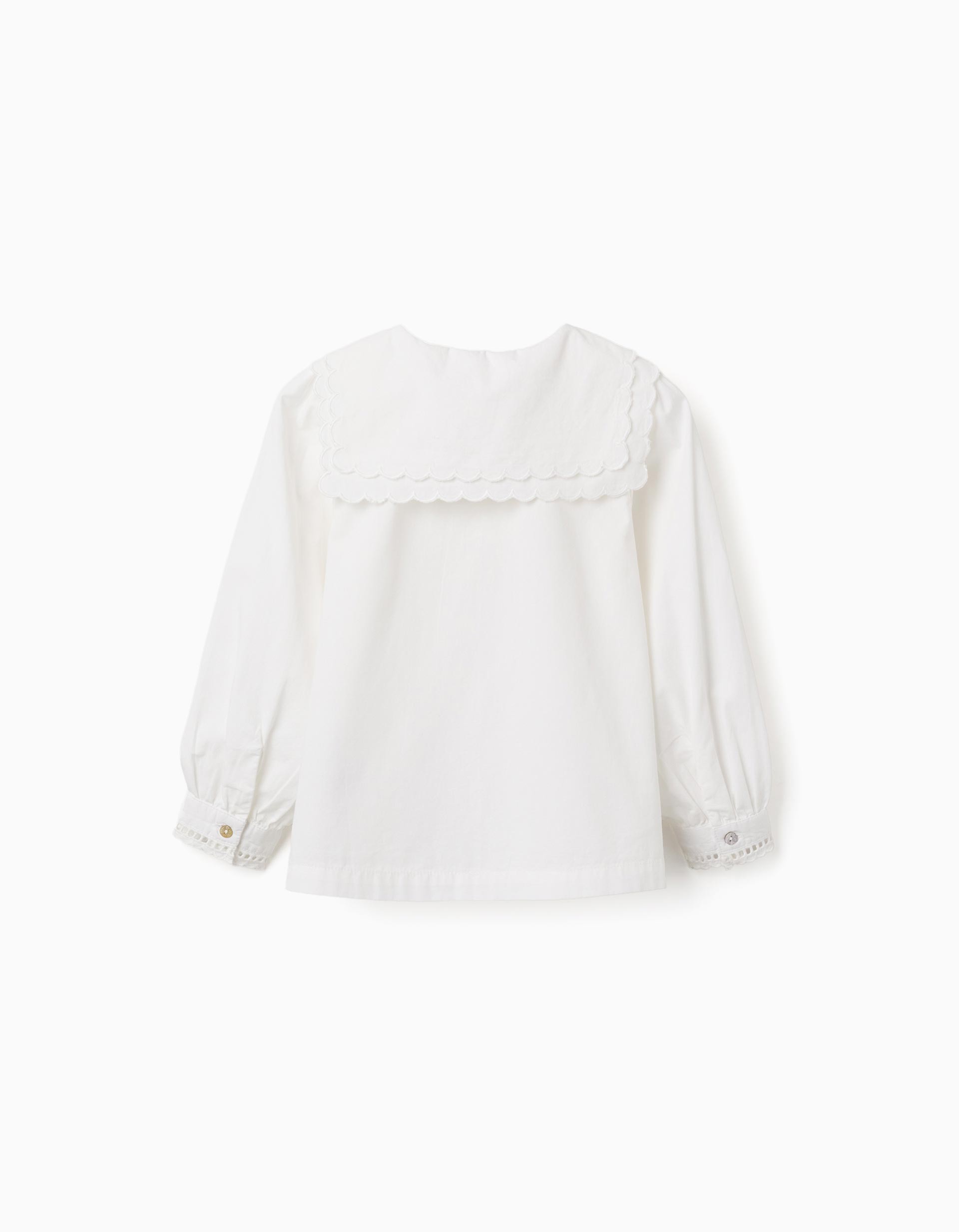 Blusa niña zippy Collection blanco roto crema manga larga cuello babero volantes festoneados botones frontales nácar puños bordado inglés calado