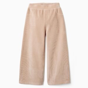 Pantalón niña pierna ancha pana fina beige camel claro cintura elástica acanalada bolsillos delanteros parche bolsillos traseros parche