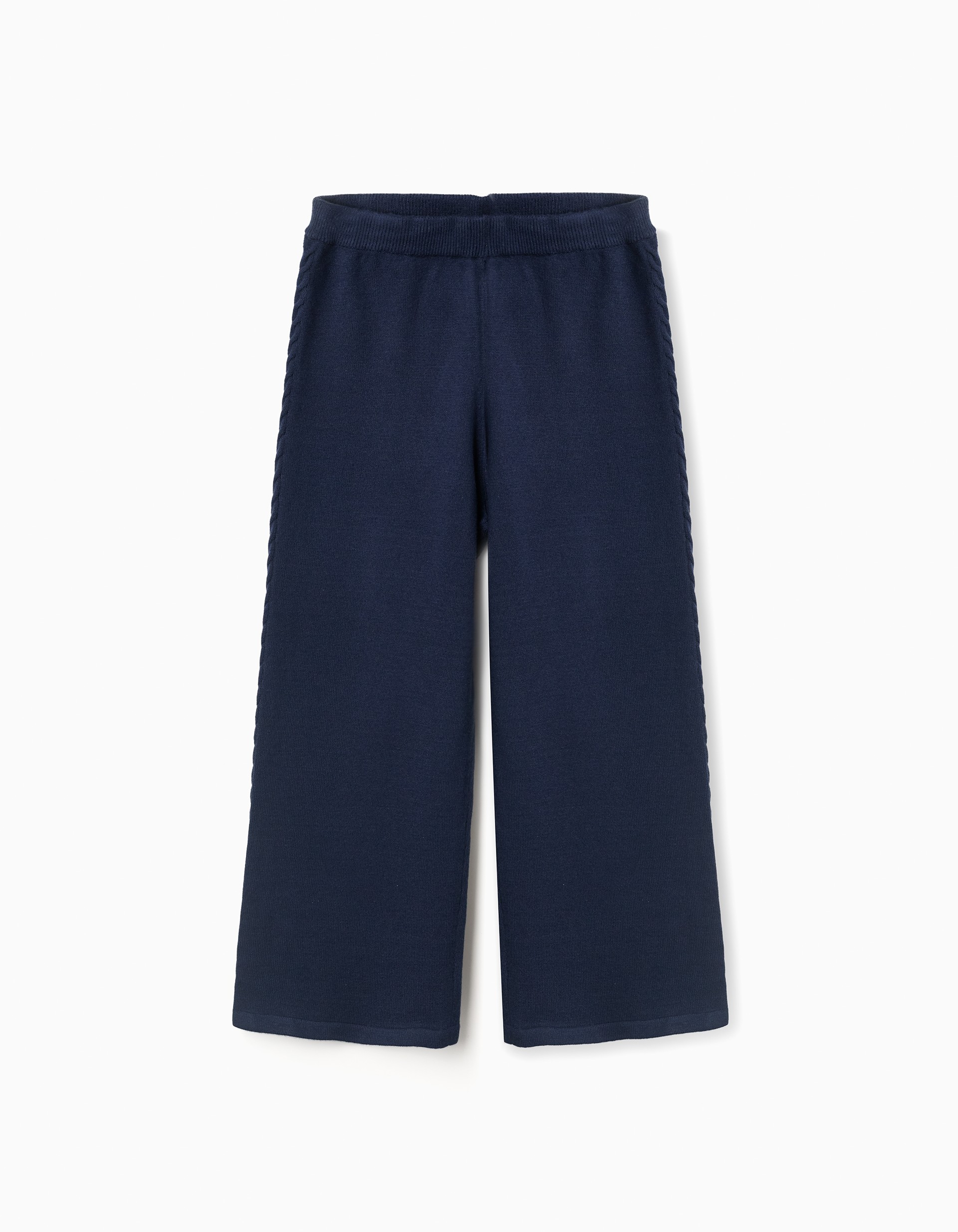 Pantalón niña punto azul marino corte culotte pierna ancha cintura elástica ajustable botones internos detalle punto trenzado laterales zippy