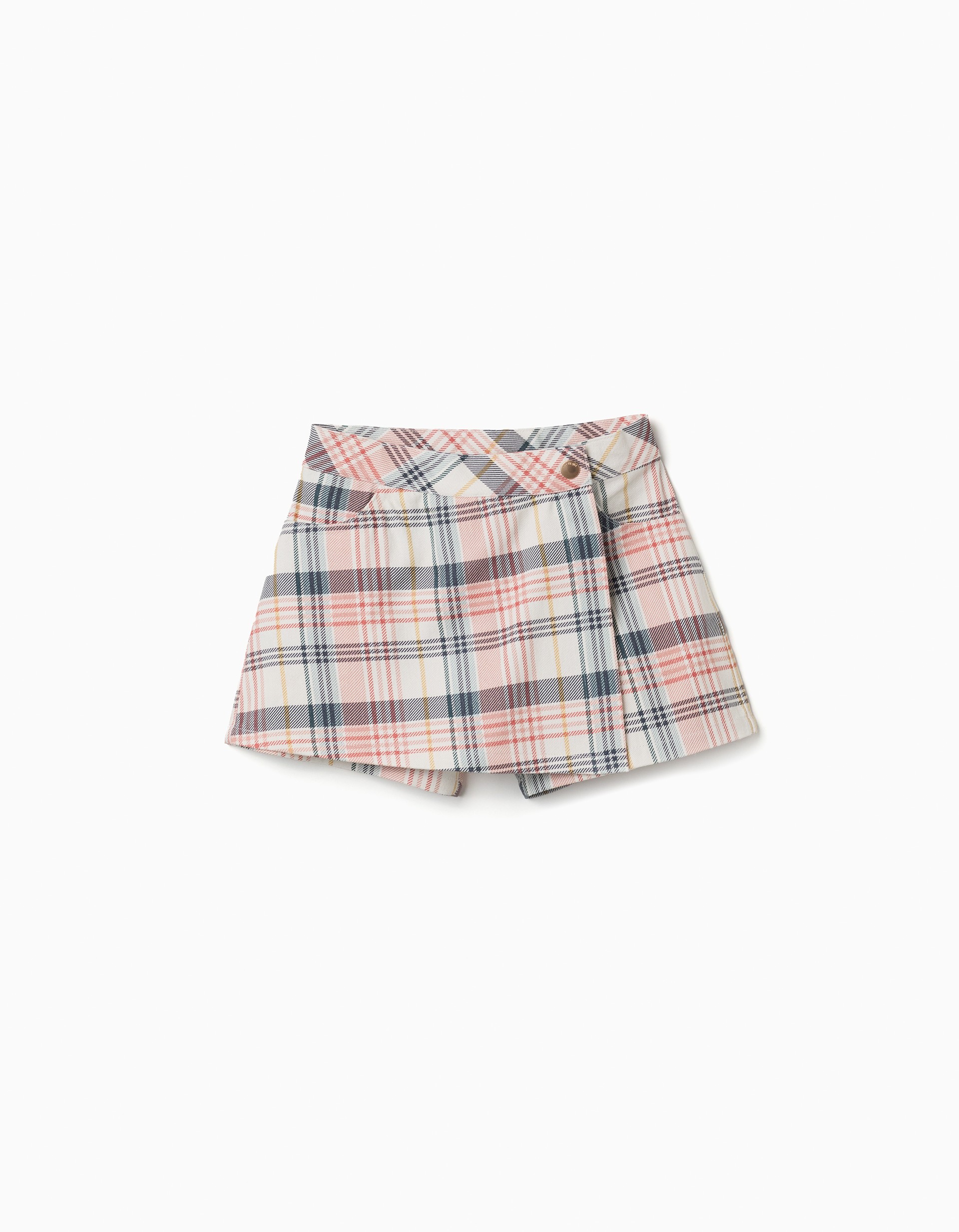 Falda pantalón niña skort cuadros pastel rosa azul marino beige amarillo verde claro diseño cruzado cremallera lateral botones dorados