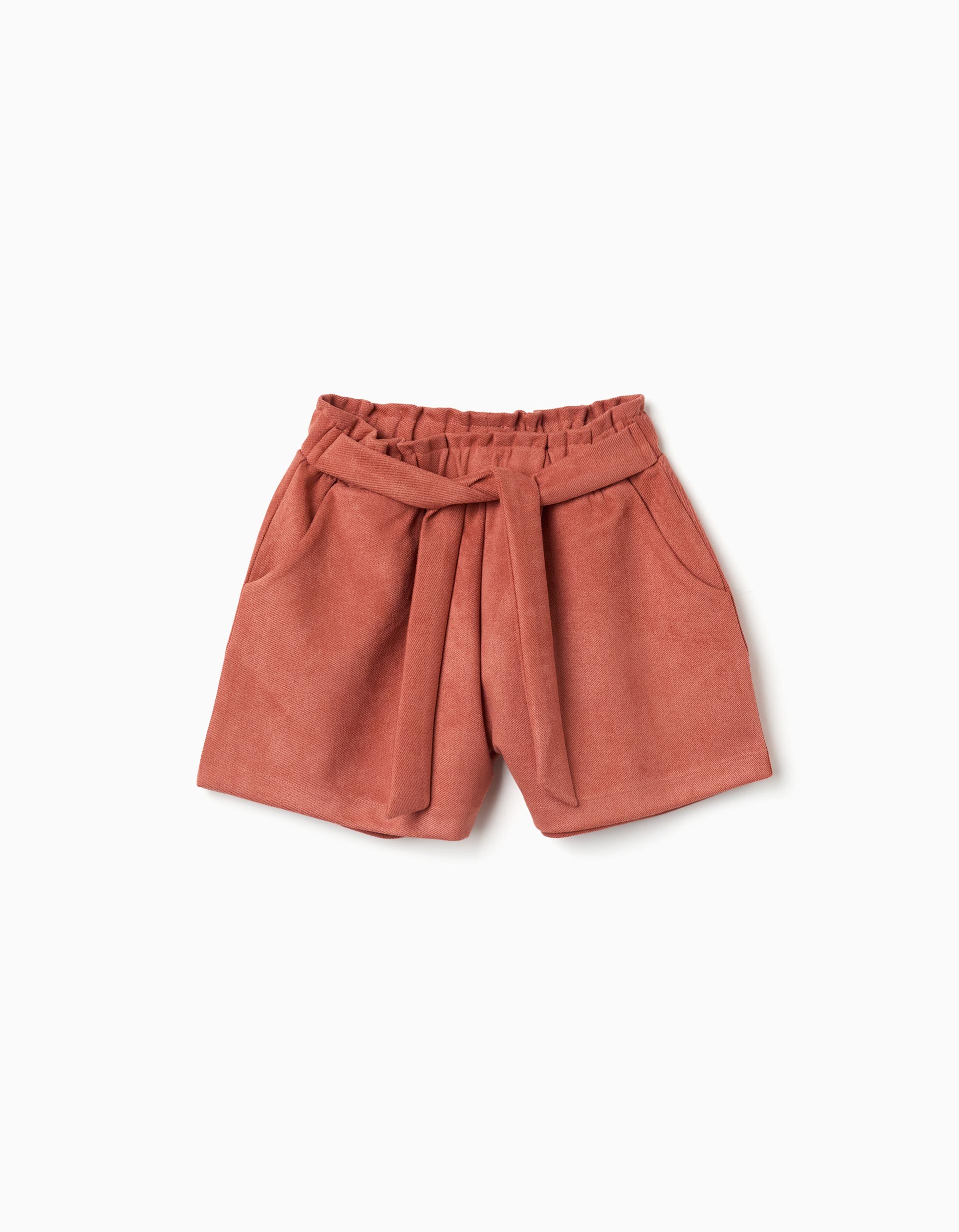 Shorts niña pana fina teja terracota cintura elástica paperbag lazo decorativo bolsillos laterales botón interior ajustable