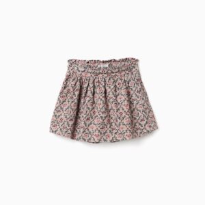 Falda niña pana fina beige claro rosa empolvado estampado floral rosa burdeos verde oscuro cintura elástica volante fruncido cremallera lateral botón