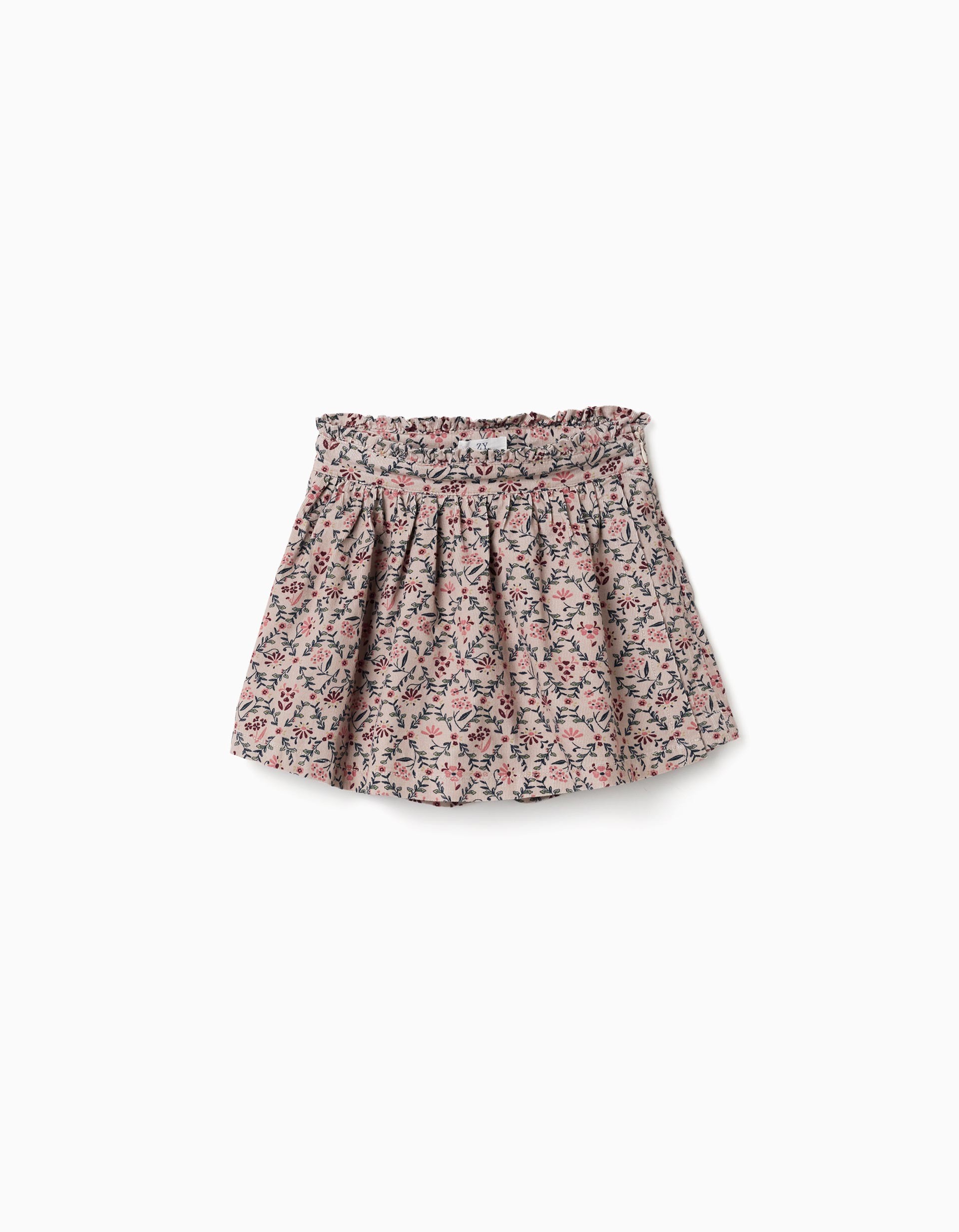 Falda niña pana fina beige claro rosa empolvado estampado floral rosa burdeos verde oscuro cintura elástica volante fruncido cremallera lateral botón