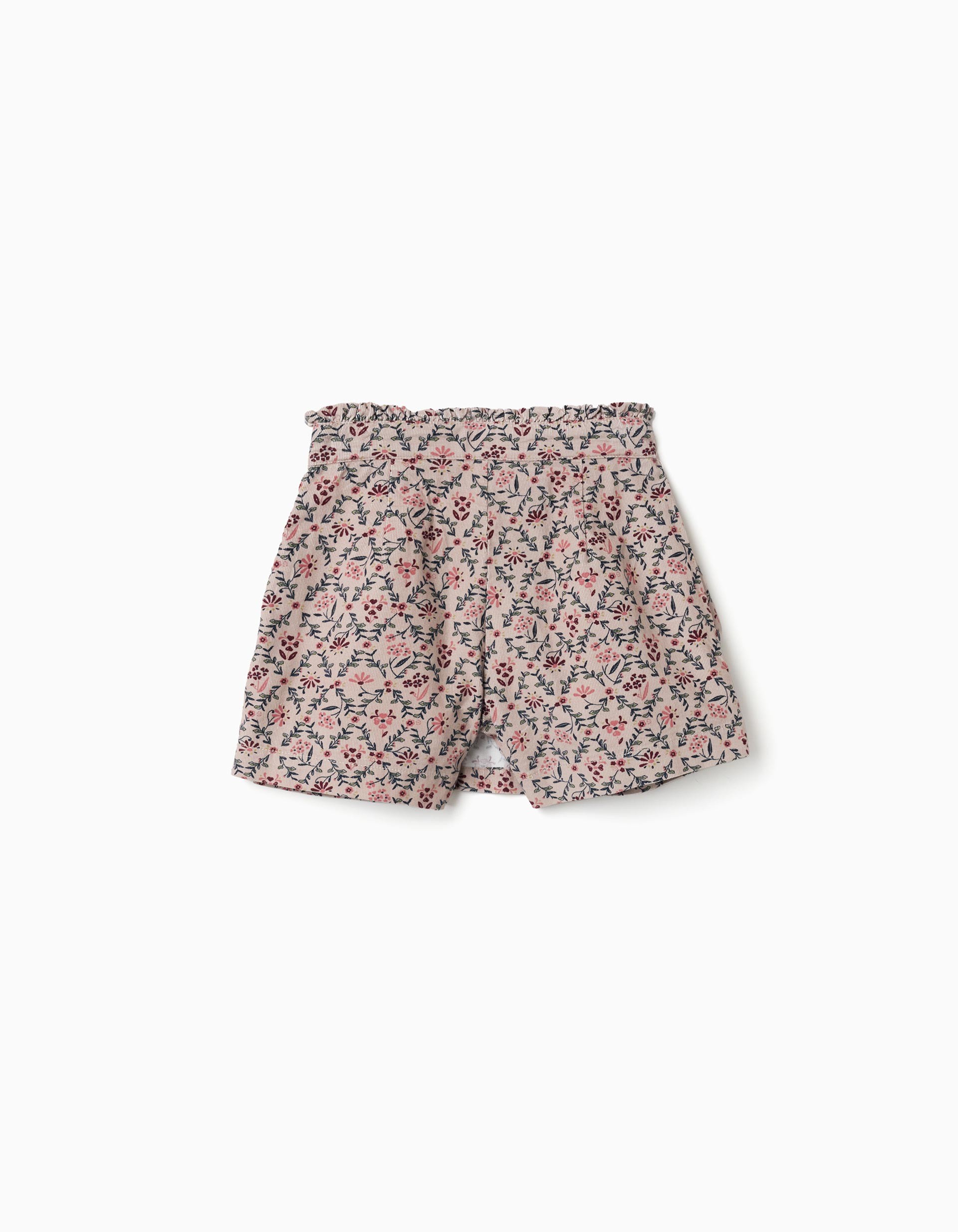 Falda niña pana fina beige claro rosa empolvado estampado floral rosa burdeos verde oscuro cintura elástica volante fruncido cremallera lateral botón