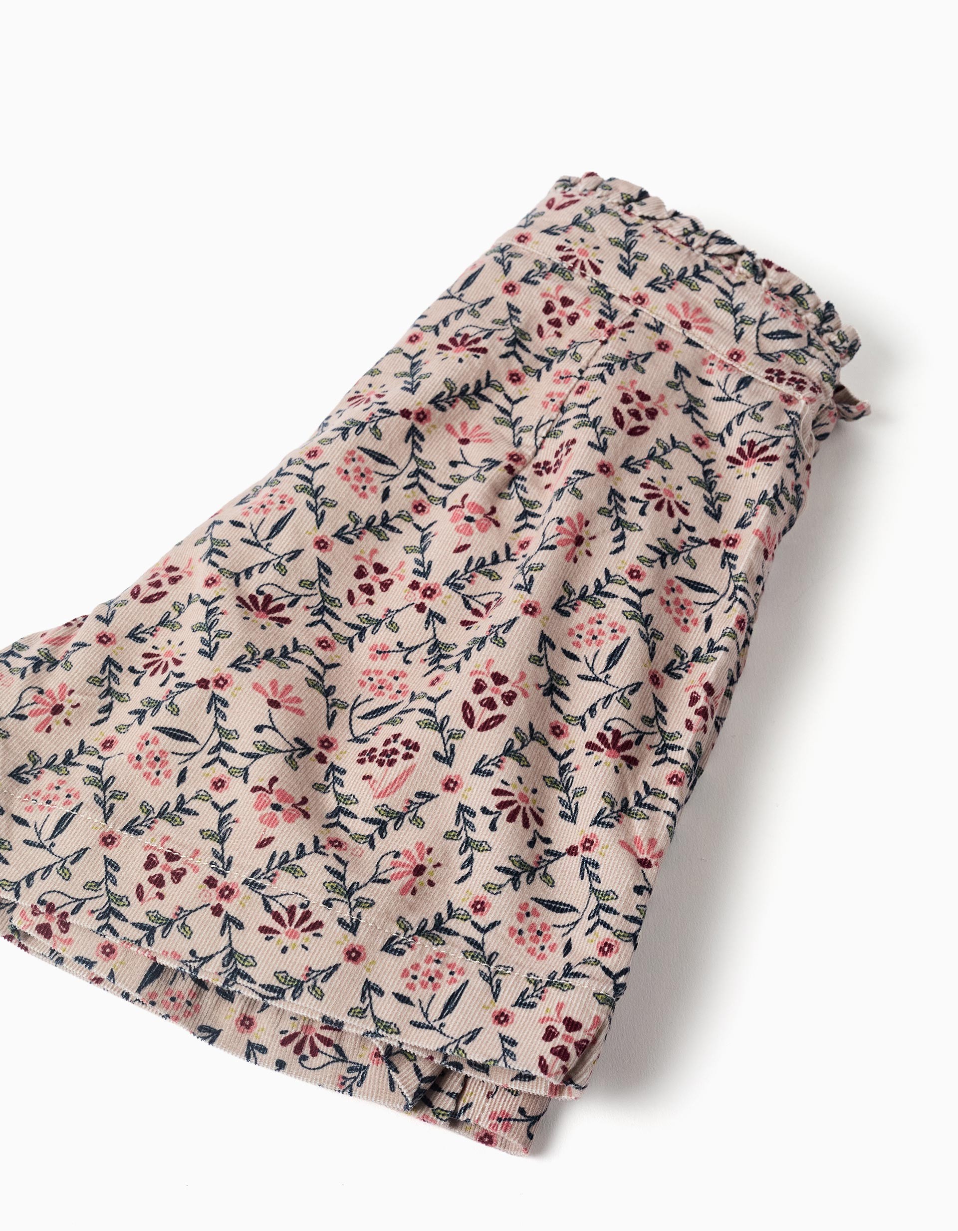 Falda niña pana fina beige claro rosa empolvado estampado floral rosa burdeos verde oscuro cintura elástica volante fruncido cremallera lateral botón