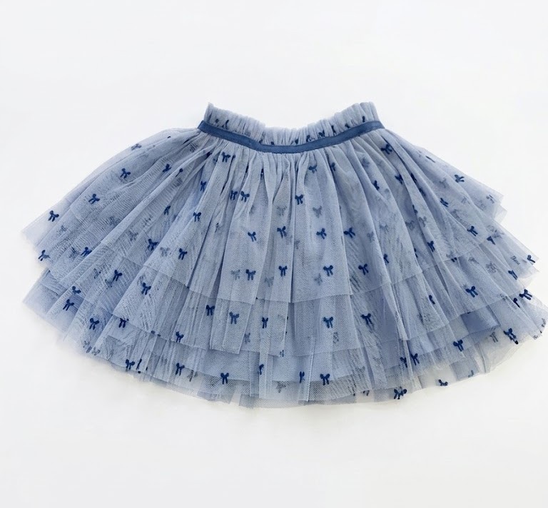 Falda niña tul azul claro lacitos bordados azul marino capas fruncido cintura elástica cinta satén forro tutu azul