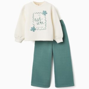 Conjunto chándal niña Zippy sudadera blanco roto crudo estampado verde menta sello postal nature ticket to your local art gallery apliques flores pantalón verde menta pierna ancha cintura elástica
