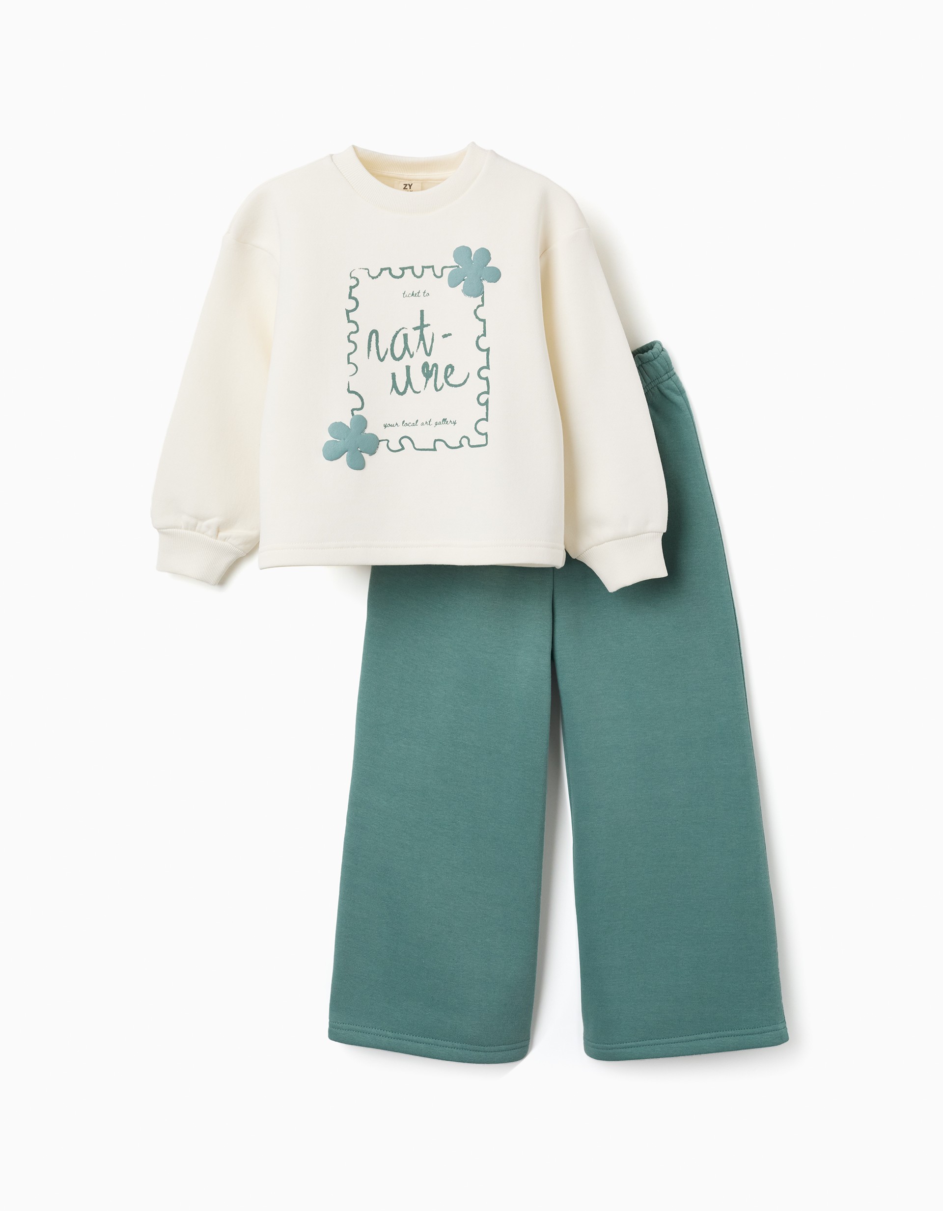 Conjunto chándal niña Zippy sudadera blanco roto crudo estampado verde menta sello postal nature ticket to your local art gallery apliques flores pantalón verde menta pierna ancha cintura elástica