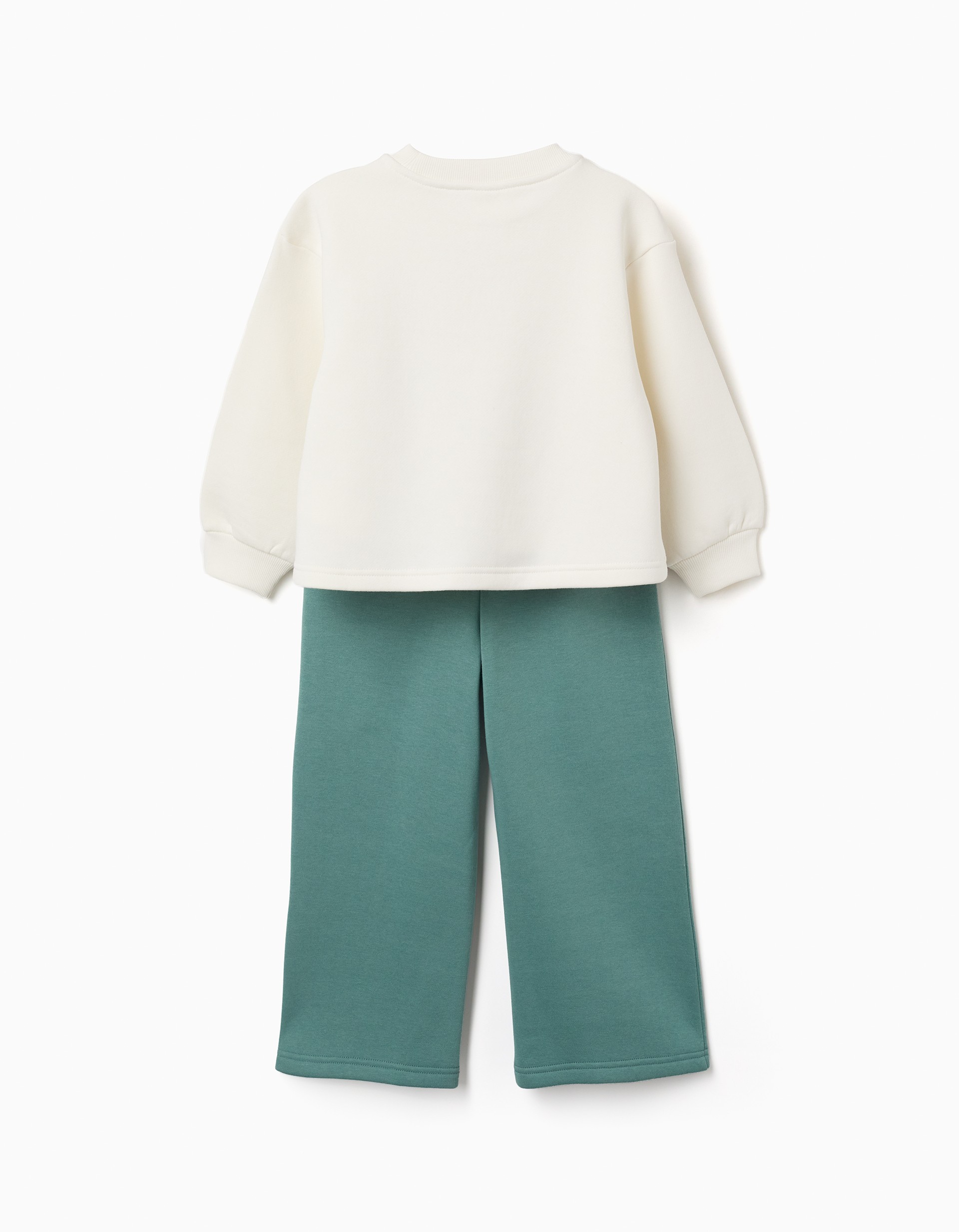 Conjunto chándal niña Zippy sudadera blanco roto crudo estampado verde menta sello postal nature ticket to your local art gallery apliques flores pantalón verde menta pierna ancha cintura elástica