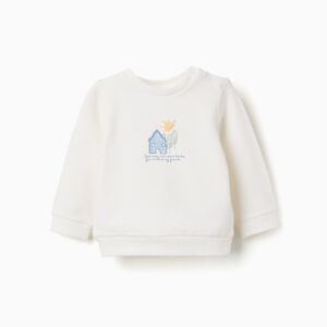 Camiseta sudadera bebé niño manga larga blanco roto crudo estampado bordado casita azul sol amarillo árboles verdes texto i love cozy and warm house for me and my friends automáticos hombro cuello puños bajo acanalados, zippy