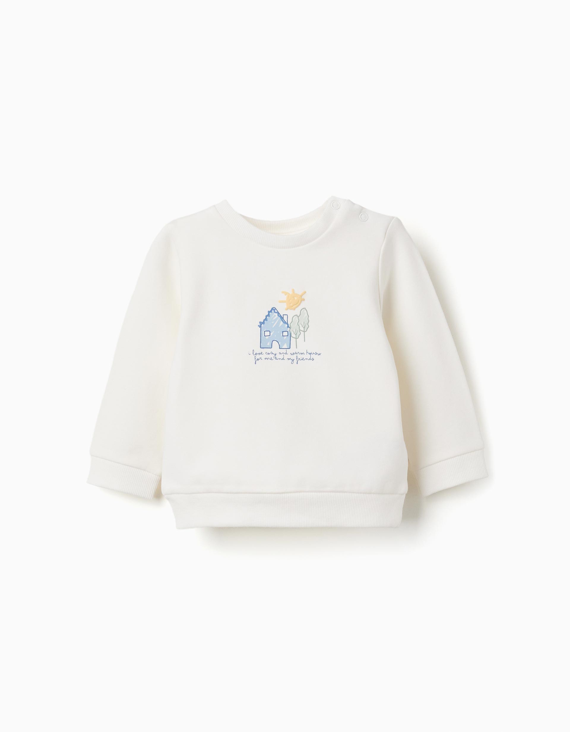 Camiseta sudadera bebé niño manga larga blanco roto crudo estampado bordado casita azul sol amarillo árboles verdes texto i love cozy and warm house for me and my friends automáticos hombro cuello puños bajo acanalados, zippy