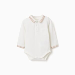 Body bebé Zippy Newborn blanco roto crema manga larga cuello polo rayas beige marrón claro botones delanteros botones presión entrepierna bolsillo parche puños rayas