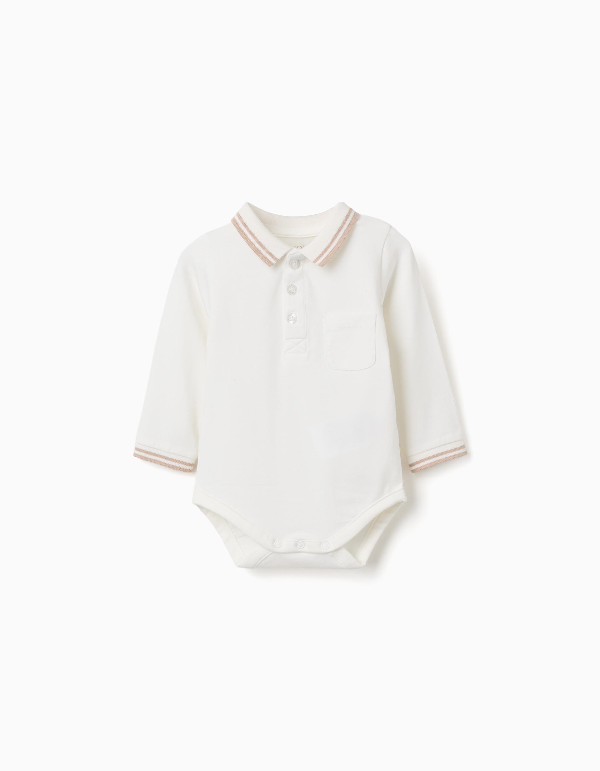 Body bebé Zippy Newborn blanco roto crema manga larga cuello polo rayas beige marrón claro botones delanteros botones presión entrepierna bolsillo parche puños rayas