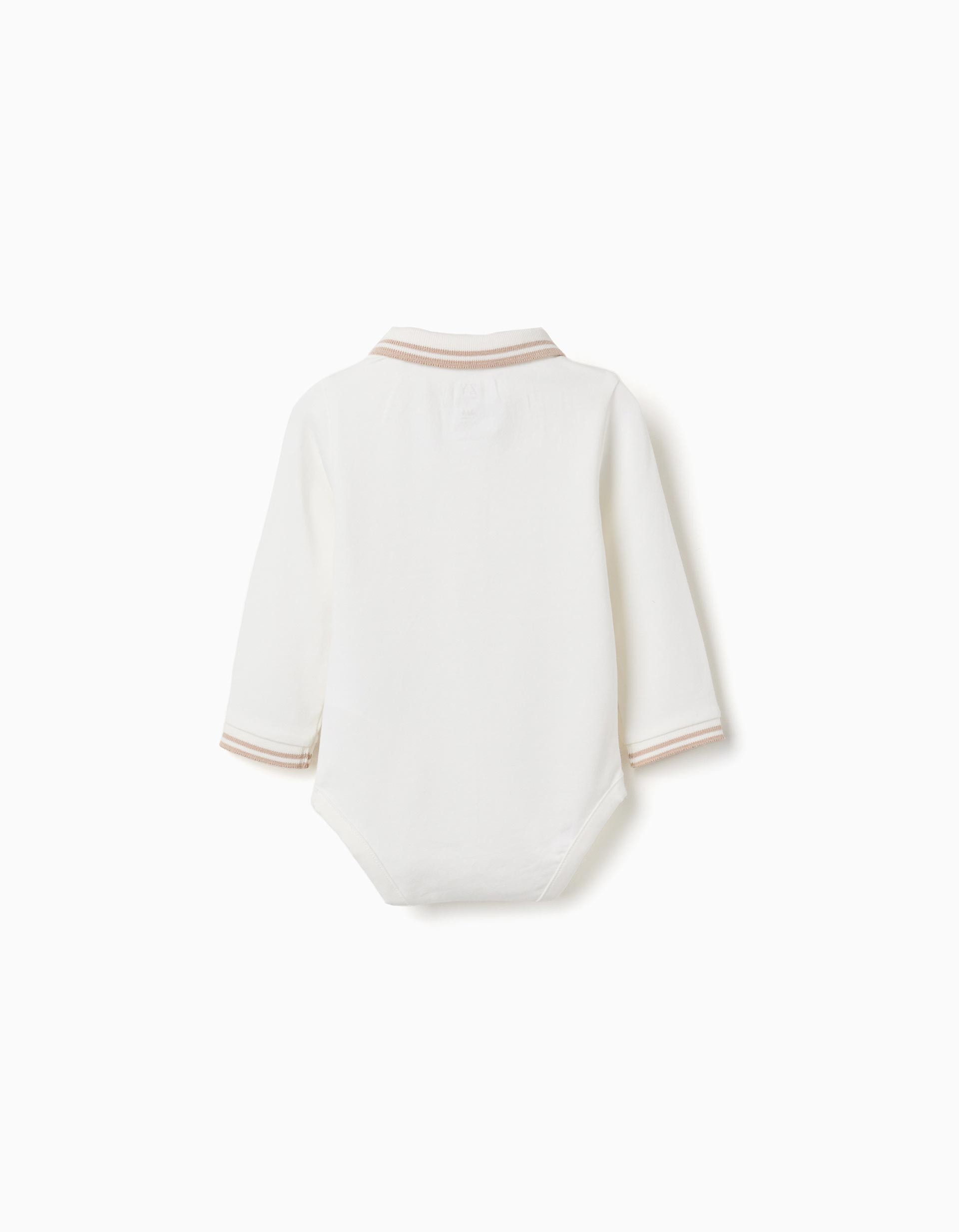 Body bebé Zippy Newborn blanco roto crema manga larga cuello polo rayas beige marrón claro botones delanteros botones presión entrepierna bolsillo parche puños rayas