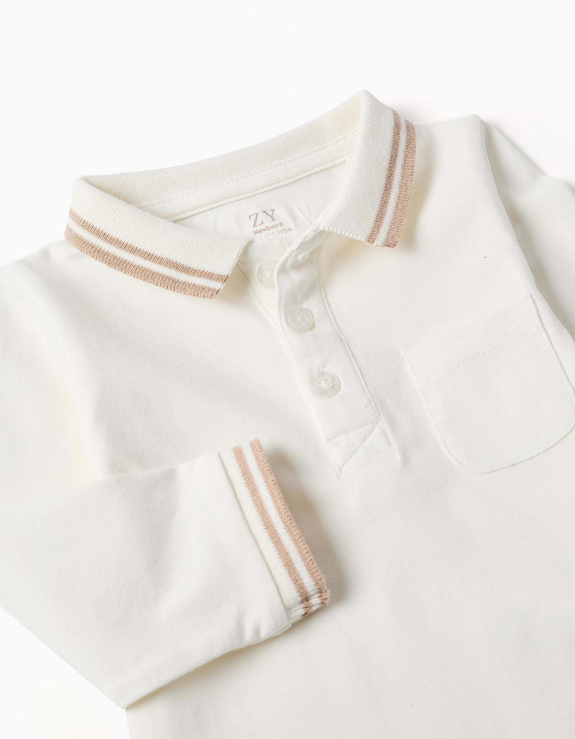 Body bebé Zippy Newborn blanco roto crema manga larga cuello polo rayas beige marrón claro botones delanteros botones presión entrepierna bolsillo parche puños rayas
