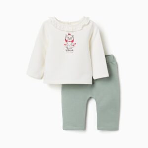 Chandal bebé niña sudadera camiseta manga larga blanco roto crema cuello volante fruncido estampado Marie Disney lazo rojo corazones classic disney botón madera espalda abertura lágrima pantalón felpa verde menta agua cintura elástica puños acanalados tobillos interior afelpado