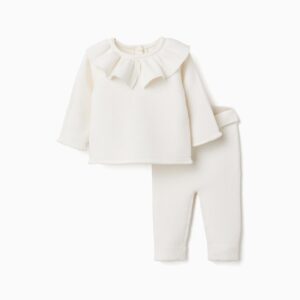 Conjunto bebé niña Zippy punto blanco roto crudo jersey manga larga cuello volantes abertura espalda botones pantalón largo cintura elástica puños acanalados