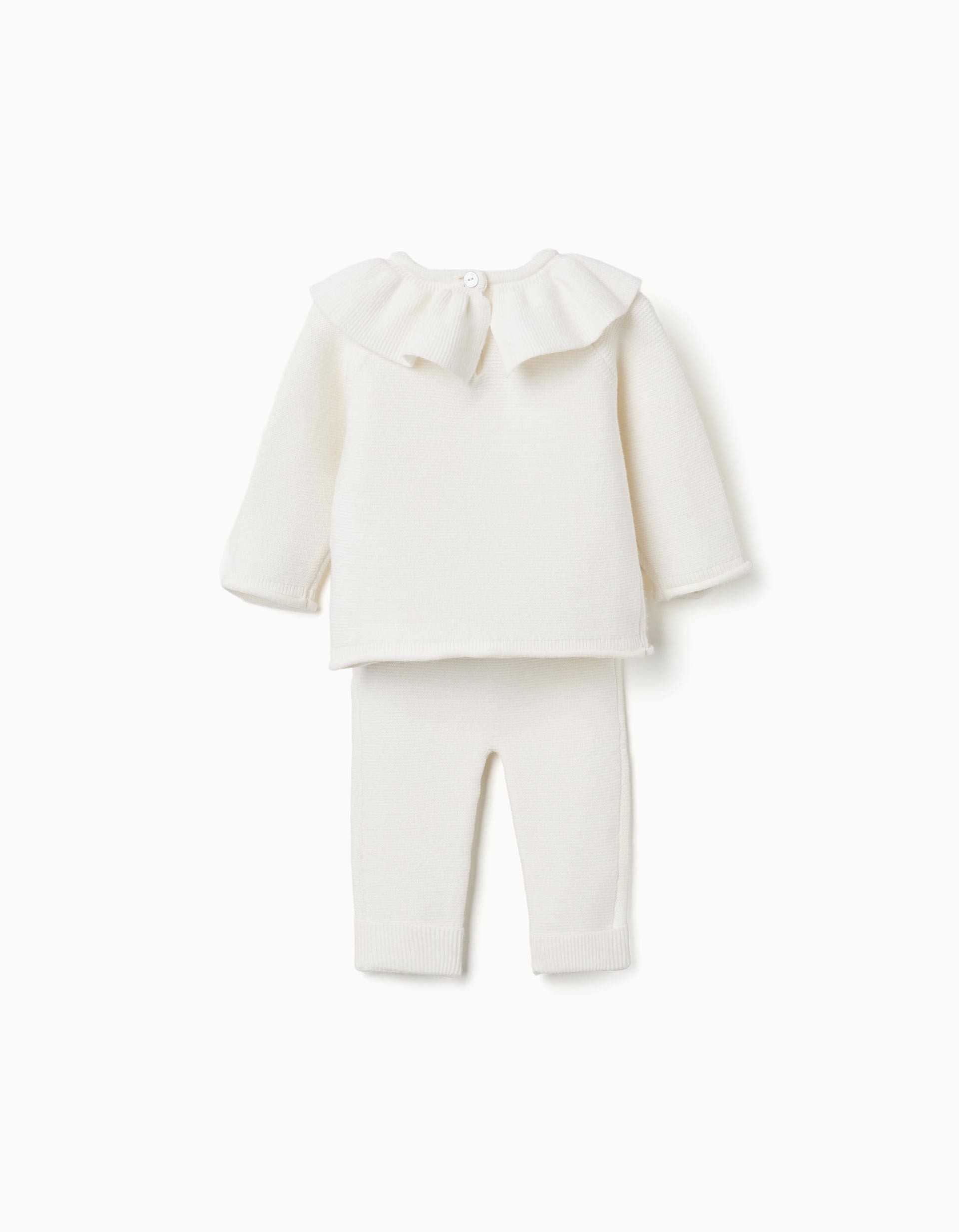 Conjunto bebé niña Zippy punto blanco roto crudo jersey manga larga cuello volantes abertura espalda botones pantalón largo cintura elástica puños acanalados