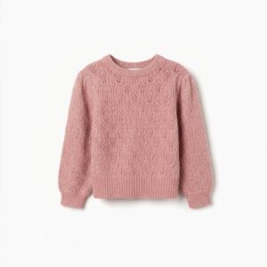 Jersey niña punto calado teja terracota patrón hojas rombos cuello redondo acanalado mangas largas puños acanalados bajo acanalado espalda lisa