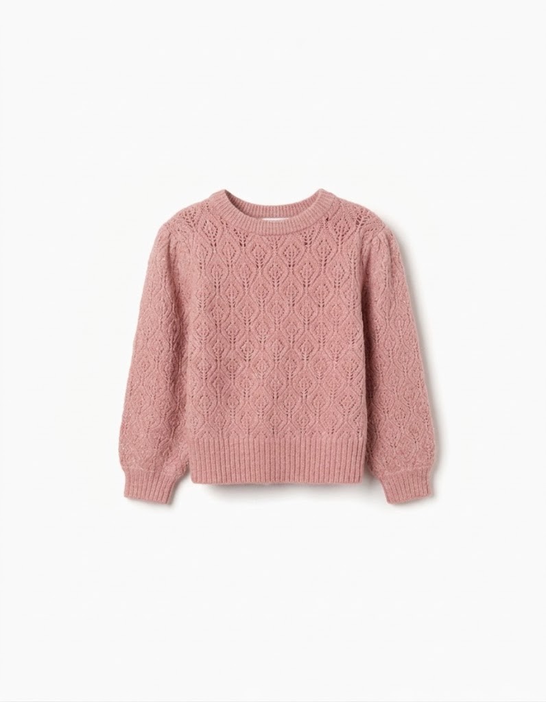 Jersey niña punto calado teja terracota patrón hojas rombos cuello redondo acanalado mangas largas puños acanalados bajo acanalado espalda lisa