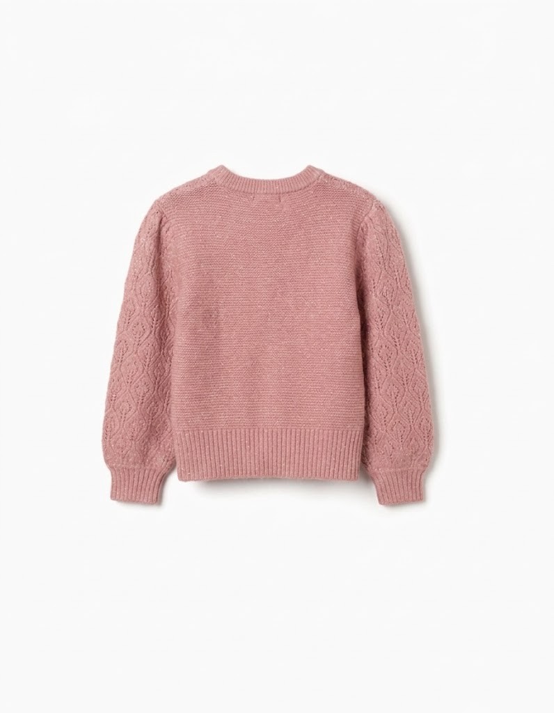 Jersey niña punto calado teja terracota patrón hojas rombos cuello redondo acanalado mangas largas puños acanalados bajo acanalado espalda lisa