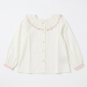 Blusa niña blanco roto cuello volante fruncido bordado rosa manga larga botones frontales