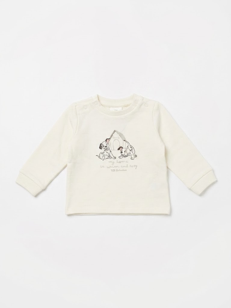 Chandal bebé sudadera camiseta manga larga blanco roto crema estampado dálmatas 101 Disney casita perro mensaje my home is warm and cozy cuello redondo botones presión hombros puños acanalados pantalón chándal felpa azul marino cintura elástica puños acanalados tobillos