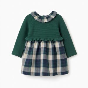 Vestido bebé niña manga larga punto blanco roto crema cuello volante fruncido cuadros escoceses verde botella azul marino blanco roto amarillo beige falda fruncida corte cintura botones espalda detalle frontal botones